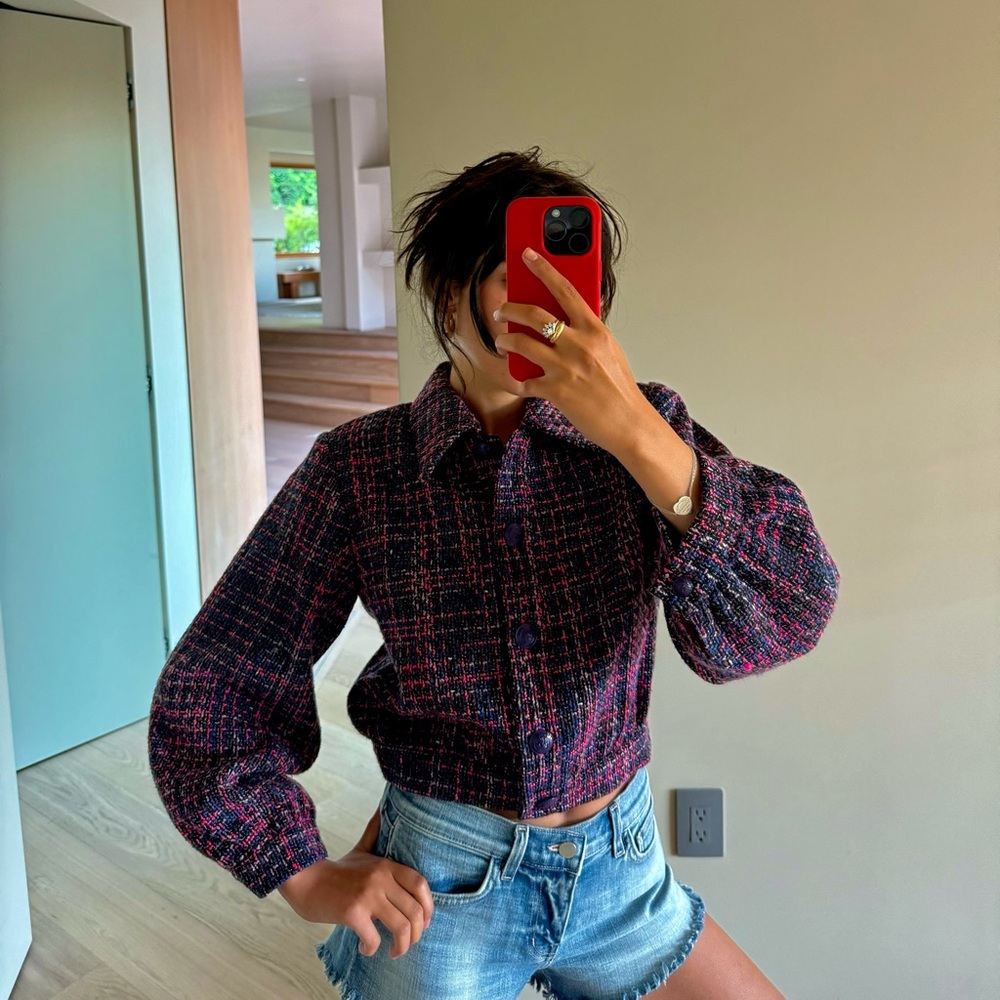 L’agence Womens Cropped Pink Black Jacket Puffy Tweed Plaid 2 S French Feminine